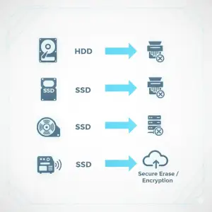 ILLUSTRATION: Side-by-side icons of HDD, SSD, tape, and cloud with arrows pointing to destruction methods