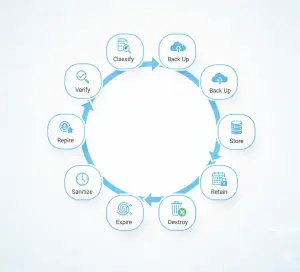 A circular diagram showing: Classify → Back Up → Store → Retain → Expire → Sanitize → Destroy → Verify