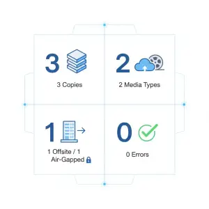 ILLUSTRATION: A four quadrant diagram showing 3 copies, 2 media types, 1 offsite, 1 air-gapped, 0 errors